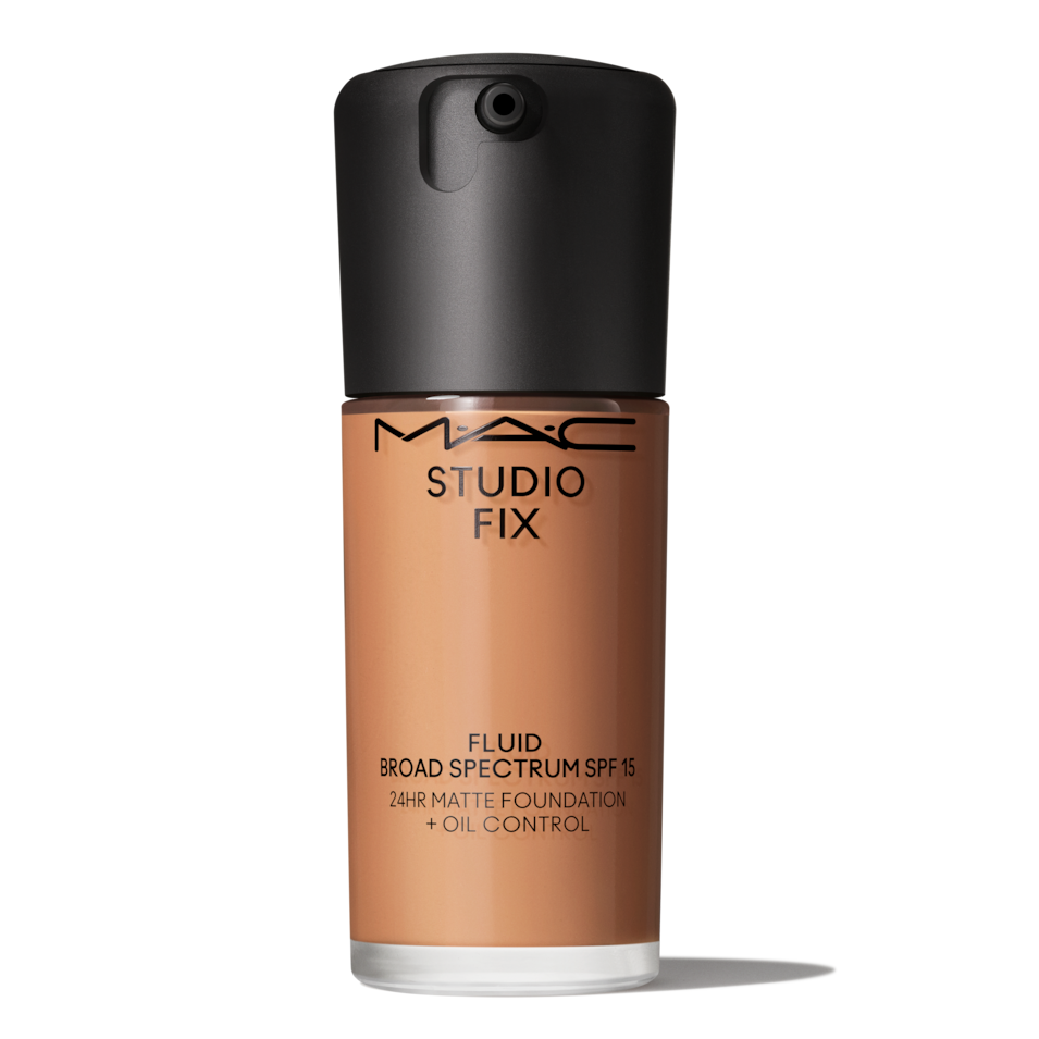MAC Studio Fix Fluid foundation with SPF 15, offering a 24-hour matte finish and oil control.