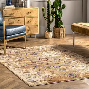 A patterned area rug with a floral design is on the floor, accompanied by a beige wooden dresser, a blue chair with gold frame, a sleek bench, and a tall cactus in a woven basket.