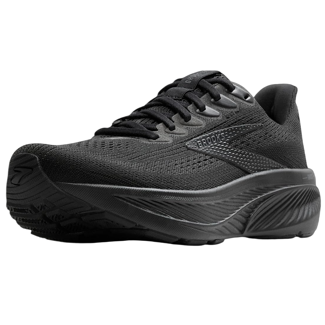 Black Brooks running shoe featuring a mesh upper, cushioned sole, and lace-up design.