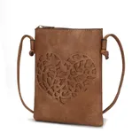 Brown crossbody bag with a zip closure and an intricately cut-out heart design on the front. Features a thin, adjustable strap.