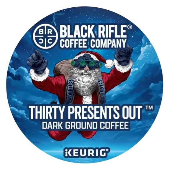 Black Rifle Coffee Company's \“Thirty Presents Out\“ dark ground coffee is represented on a Keurig-compatible pod, featuring an illustration of Santa with night vision goggles.