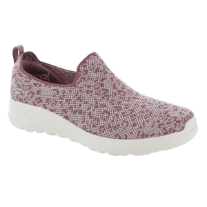 The Skechers Go Walk Joy-Mariah shoes are slip-on walking sneakers featuring a maroon and white speckled knit upper with a stretchy fit, supported by a lightweight, cushioned white sole for comfort.