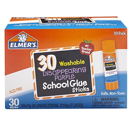 A box of Elmer's Disappearing Purple School Glue Sticks, 30-pack, indicates they are washable, safe, non-toxic, and acid-free.