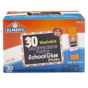 A box of Elmer's Disappearing Purple School Glue Sticks, 30-pack, indicates they are washable, safe, non-toxic, and acid-free.