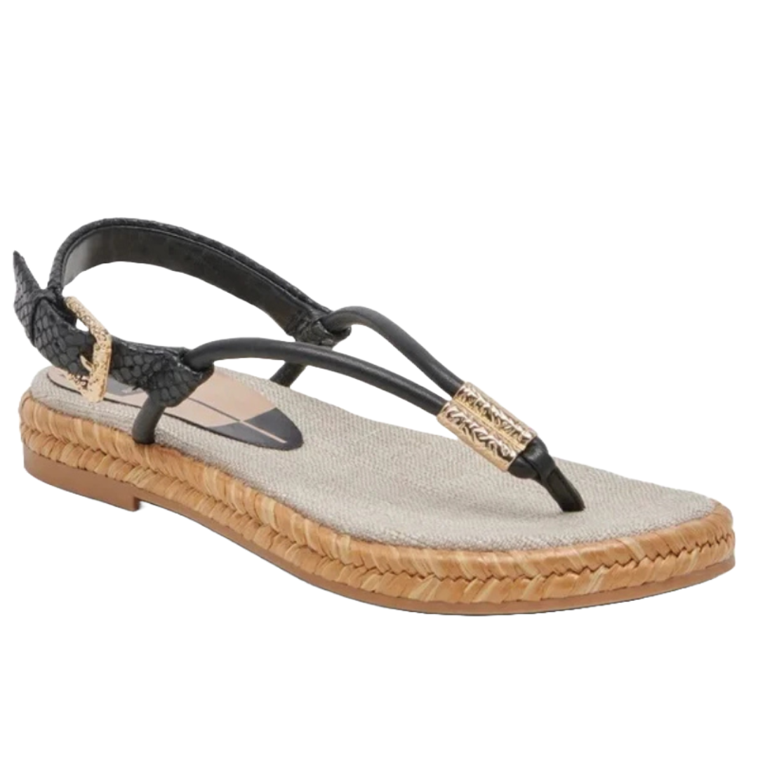 Dolce Vita Meryl Slingback Sandals feature a black thong-style strap with gold accents, a woven straw-textured sole, and a low flat heel. Ideal for casual, summery looks.