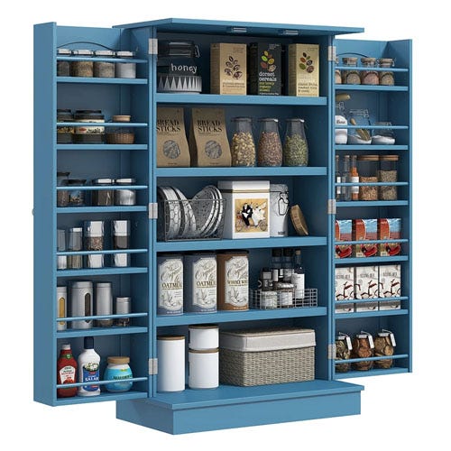 A pantry shelving unit filled with various food items including grains, spreads, and cooking ingredients.