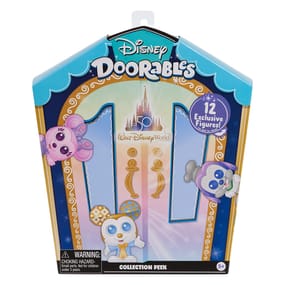 A packaging of Disney Doorables, featuring 12 miniature collectible figures, with Walt Disney World's 50th Anniversary exclusive figures and a partially visible window showing some characters inside.