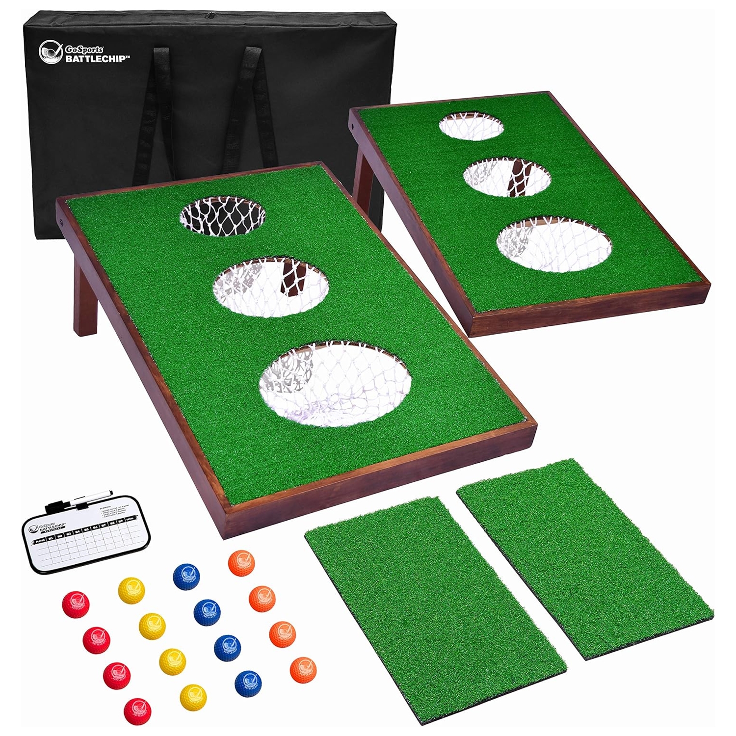 The BattleChip Golf Game includes two target boards with holes and netting, a set of foam golf balls in various colors, two putting mats, a dry-erase scoreboard with a pen, and a storage bag for transport.