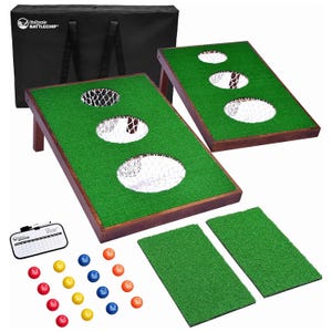 The BattleChip Golf Game includes two target boards with holes and netting, a set of foam golf balls in various colors, two putting mats, a dry-erase scoreboard with a pen, and a storage bag for transport.