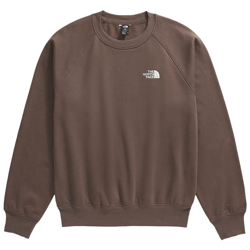 A brown crewneck sweatshirt with a small white \“The North Face\“ logo on the chest. It features ribbed cuffs and hem.