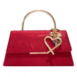 A red handbag adorned with sparkling sequins and a gold-tone handle, featuring a heart-shaped charm and other decorative elements hanging from it.