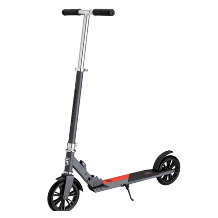 Black and gray kick scooter with adjustable handlebar and large wheels.