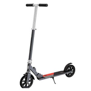 Black and gray kick scooter with adjustable handlebar and large wheels.