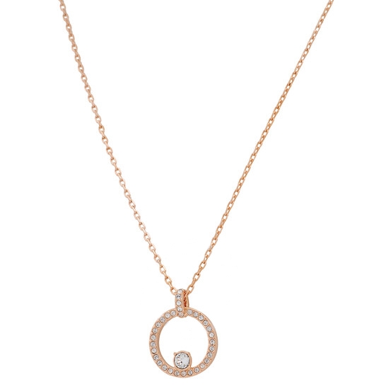 A rose gold necklace featuring a circular pendant adorned with small diamonds around the edge and a larger diamond set in the center.