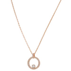 A rose gold necklace featuring a circular pendant adorned with small diamonds around the edge and a larger diamond set in the center.