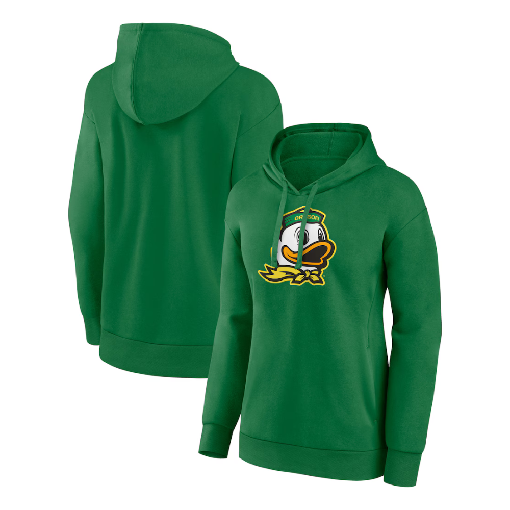Green hoodie featuring the Oregon Ducks mascot logo on the front, with a hood and drawstrings.