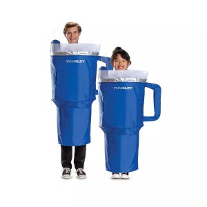 Two people wearing blue tumbling cup-shaped costumes with the word \“TUMBLEY\“ on the front.
