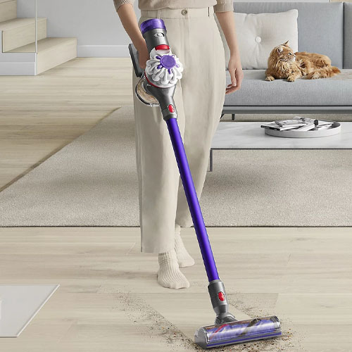 A person is holding a slim, cordless Dyson V8 Animal vacuum with a motorized brush head, designed for pet hair removal, with a cat observing in the background.