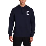 A navy Champion hoodie featuring a large \“C\“ and the brand name on the chest, worn by a male model.