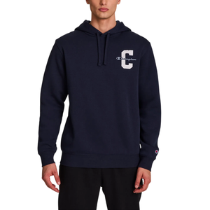 A navy Champion hoodie featuring a large \“C\“ and the brand name on the chest, worn by a male model.