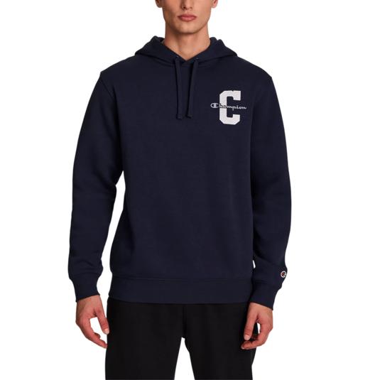 A navy Champion hoodie featuring a large \“C\“ and the brand name on the chest, worn by a male model.