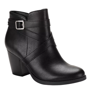 Black ankle boot with a buckle detail and stacked heel.
