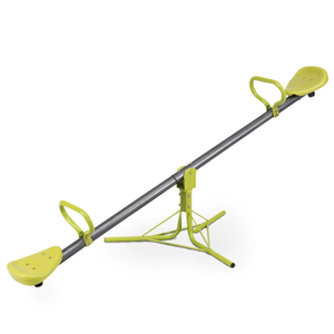 A green and gray teeter-totter with two seats and handgrips, supported by a central metal base.