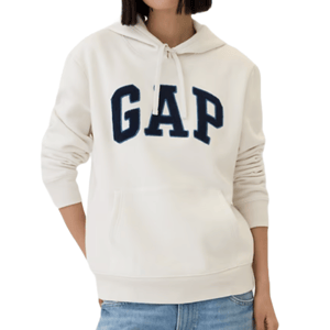 White hoodie with a navy blue \“GAP\“ logo on the front, featuring a drawstring hood and a front kangaroo pocket, paired with light blue jeans.