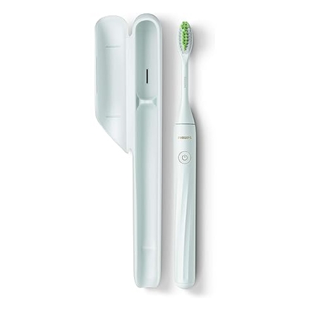 The Philips One by Sonicare Toothbrush is a sleek, white electric toothbrush with a travel case. It features a simple power button and green bristles designed for effective cleaning.