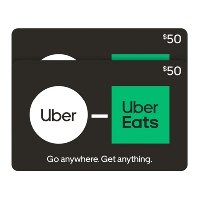A $50 Uber and Uber Eats gift card with the slogan \“Go anywhere. Get anything.\“