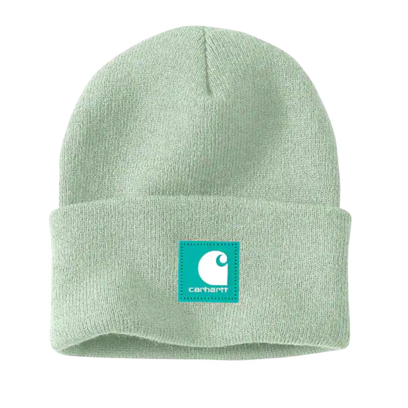 A light green Carhartt beanie featuring a teal logo patch with the Carhartt emblem and name on the front cuff.