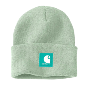 A light green Carhartt beanie featuring a teal logo patch with the Carhartt emblem and name on the front cuff.