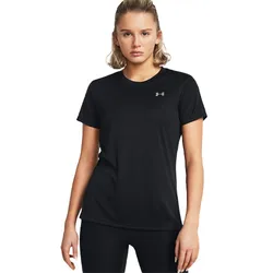 A woman is wearing a black Under Armour athletic t-shirt, featuring the brand's logo on the chest, paired with black leggings.