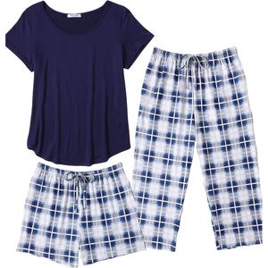 Navy blue short-sleeve T-shirt paired with two checkered pajama bottoms in navy and white—one short and one long.