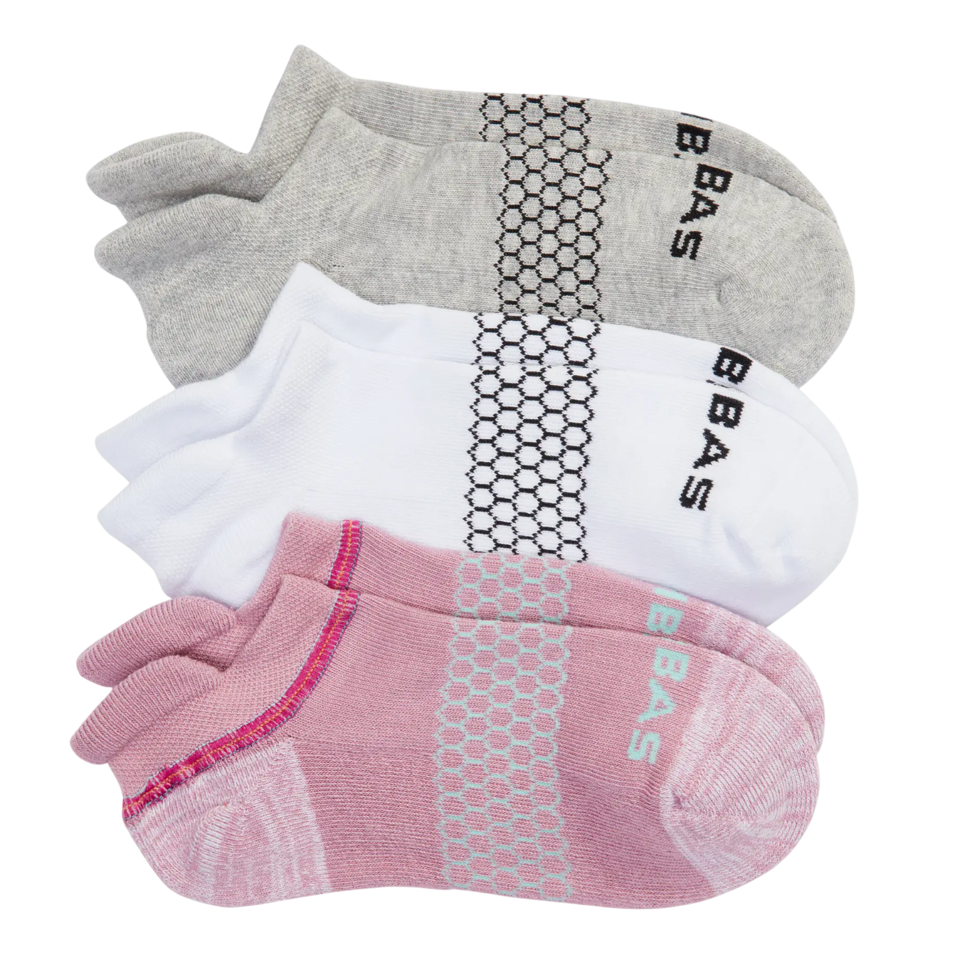 Three pairs of ankle socks in gray, white, and pink, each with a hexagon pattern and \“BBAS\“ text.