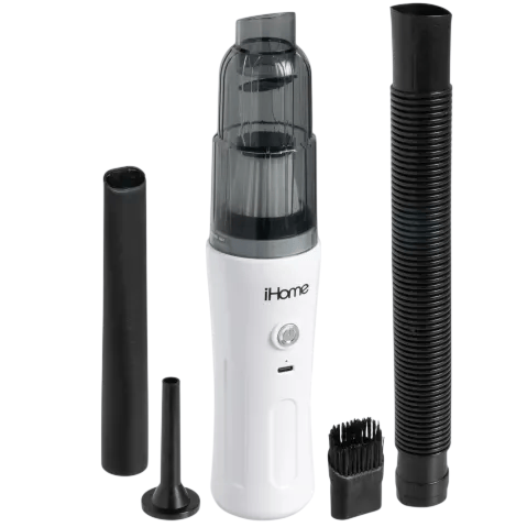 Compact handheld vacuum cleaner with accessories including a crevice tool, small nozzle, brush attachment, and flexible extension hose.