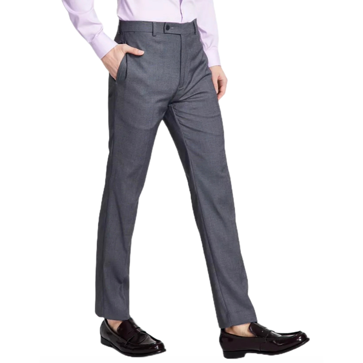Gray dress pants paired with a light pink shirt and black loafers.