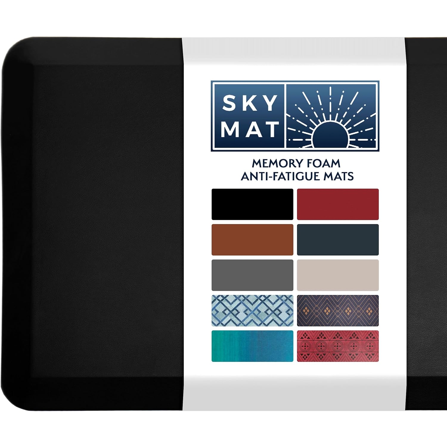 Sky Mat memory foam anti-fatigue mats are shown in various colors and patterns, including solid and geometric designs.