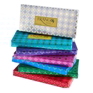 Stack of Frango chocolate boxes in various colors, including silver, teal, purple, pink, green, and red.