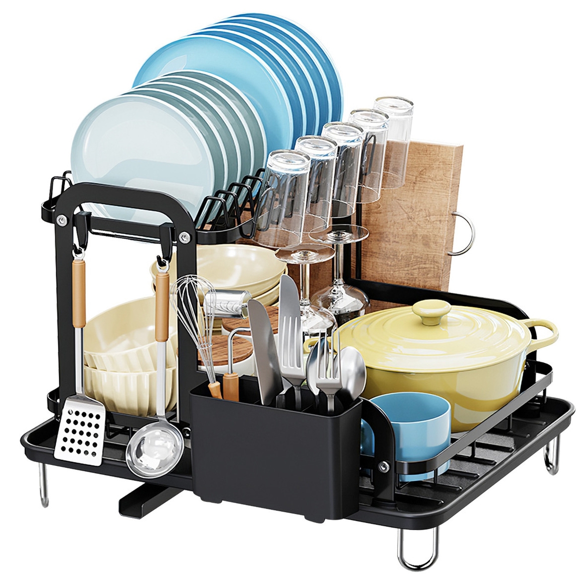 A black dish-drying rack with a raised structure includes slots for plates, cup holders, a section for utensils, and side hooks for kitchen tools. It features a cutting board slot, wine glass holders, and accommodates a small pot and cups, all on a draining base.
