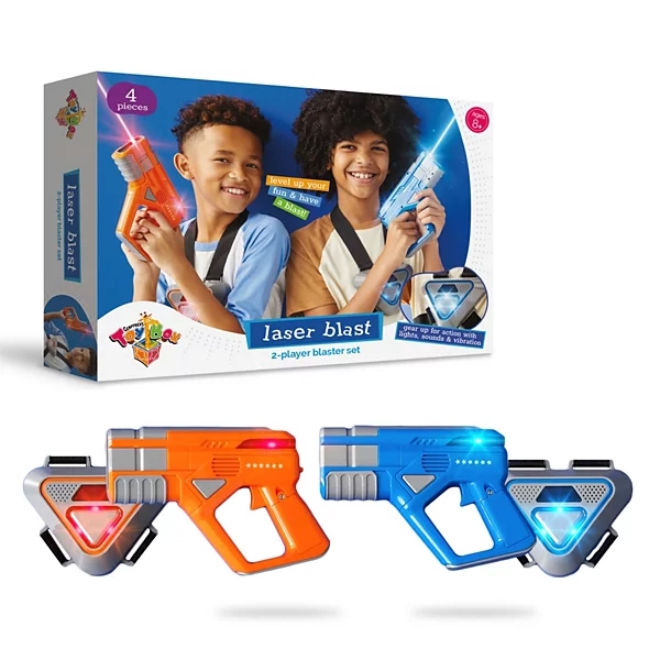 Laser Blast 2-player blaster set includes two blasters, one orange and one blue, with lights and sounds. Suitable for ages 8 and up.