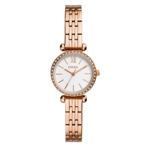 A Fossil women's watch with a rose gold-tone bracelet, decorative crystal bezel, and minimalist white dial featuring gold-tone Roman numeral and stick indices.