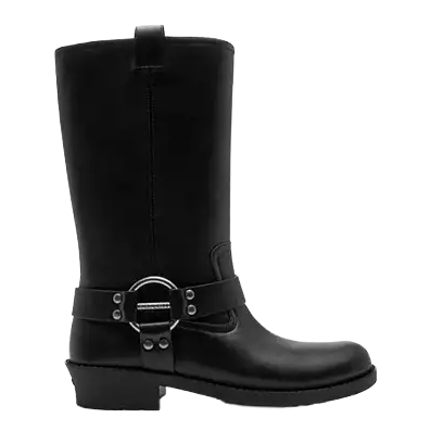 A black mid-calf leather engineer boot with a silver harness and buckle detailing, featuring a low heel.