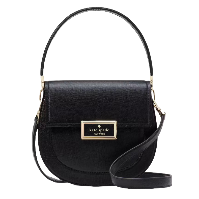 A black leather Kate Spade saddle bag with a flap closure, gold-tone hardware, a top handle, and an adjustable shoulder strap. It features a rectangular logo plaque on the front.