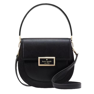 A black leather Kate Spade saddle bag with a flap closure, gold-tone hardware, a top handle, and an adjustable shoulder strap. It features a rectangular logo plaque on the front.