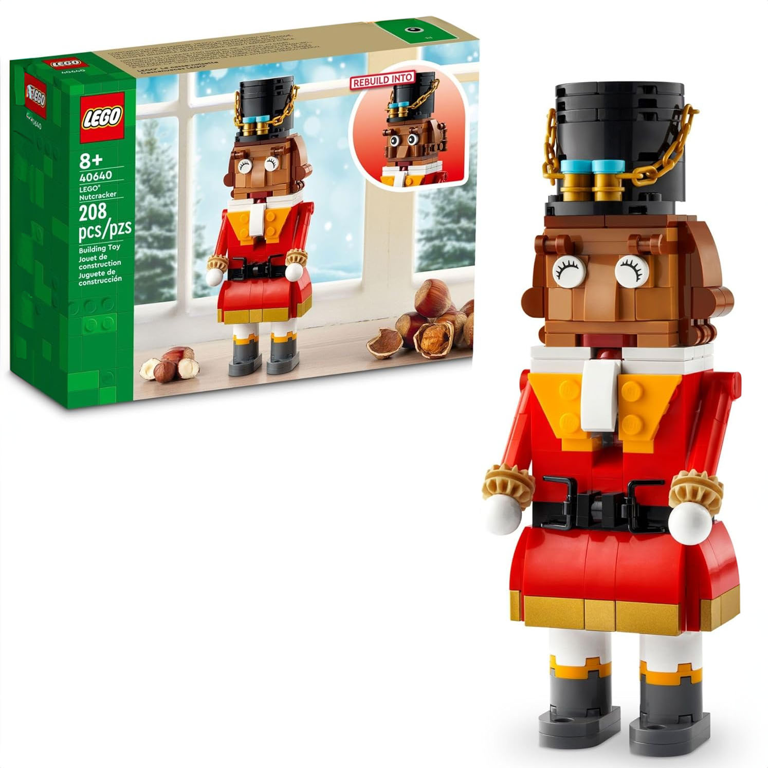 LEGO Nutcracker Set 40640, for ages 8+, includes 208 pieces to construct a festive nutcracker figure with black hat, red jacket, and adjustable arms. The box shows the completed figure on a snowy windowsill with nuts.