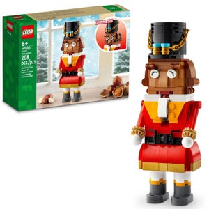 LEGO Nutcracker Set 40640, for ages 8+, includes 208 pieces to construct a festive nutcracker figure with black hat, red jacket, and adjustable arms. The box shows the completed figure on a snowy windowsill with nuts.