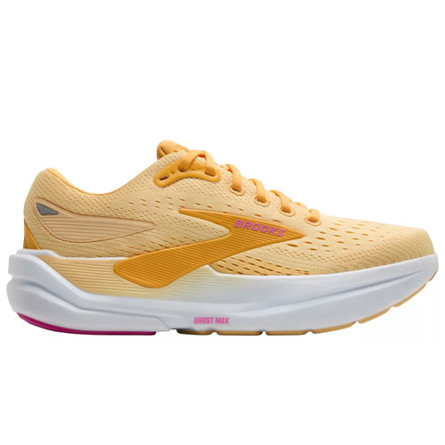 A yellow running shoe with a sleek design, featuring a cushioned white sole and subtle branding elements, designed for comfort and performance.