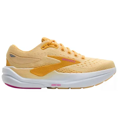 A yellow running shoe with a sleek design, featuring a cushioned white sole and subtle branding elements, designed for comfort and performance.