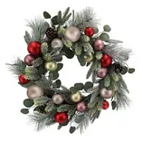 A decorative wreath featuring frosted greenery, red, gold, and pink ornaments, pine cones, and eucalyptus leaves.